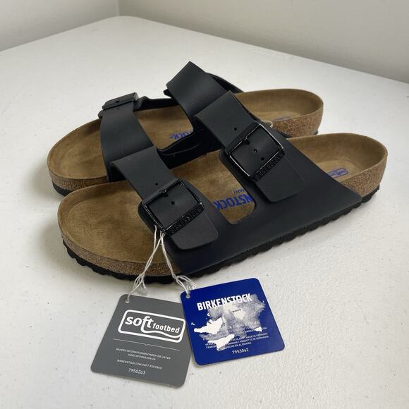 Birkenstock Arizona Mens Size 10 Sandals Soft Footbed Regular Black Birko Flor - Picture 1 of 8